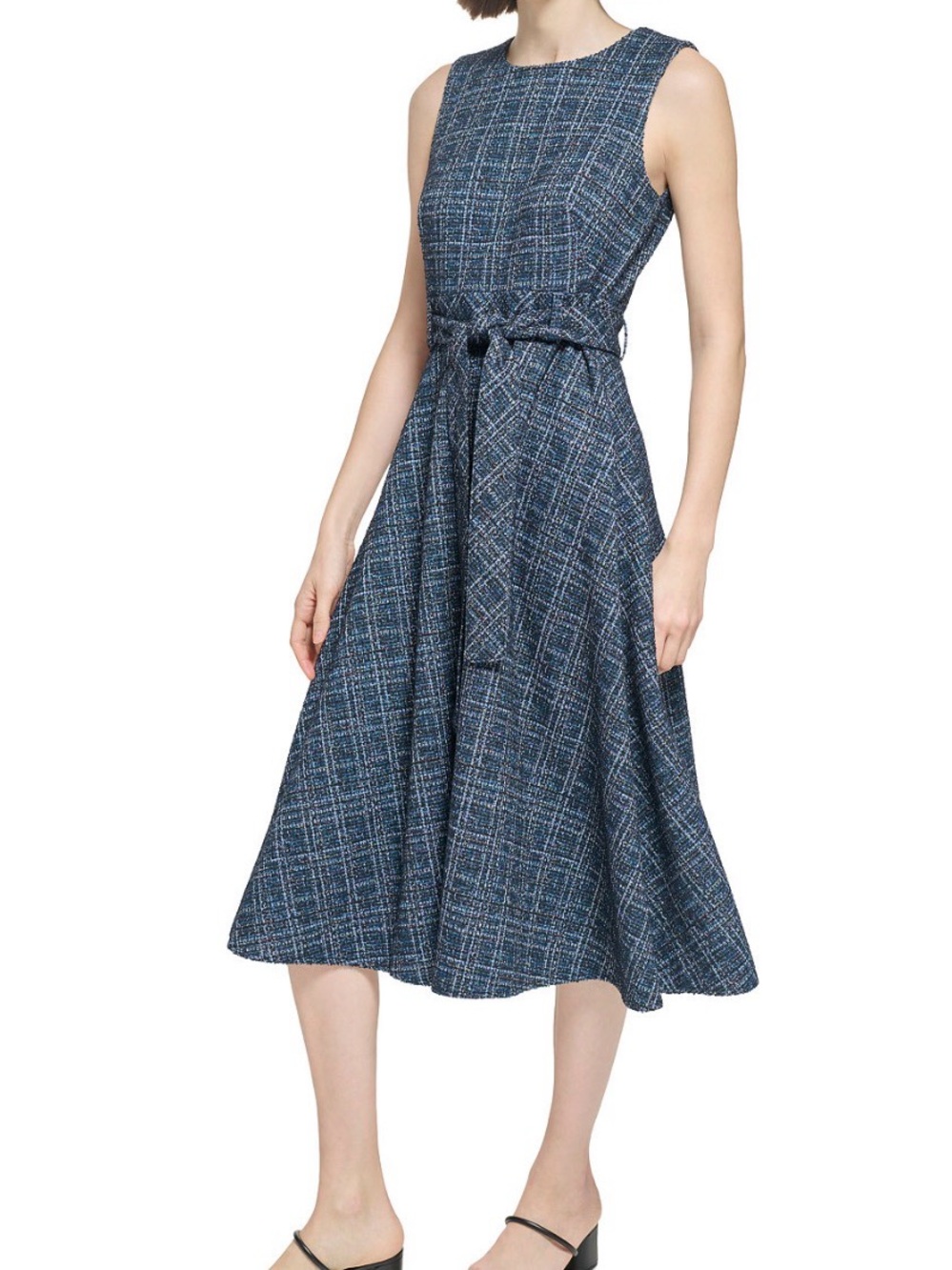 Calvin Klein Blue Plaid Sleeveless Midi Dress with Waist Tie